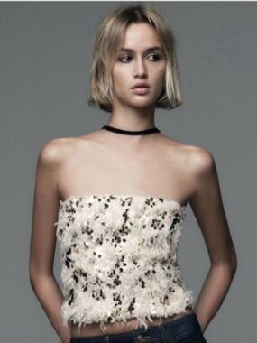 NWT Zara Sequin Faux Feather Tube Top Cream Size XS